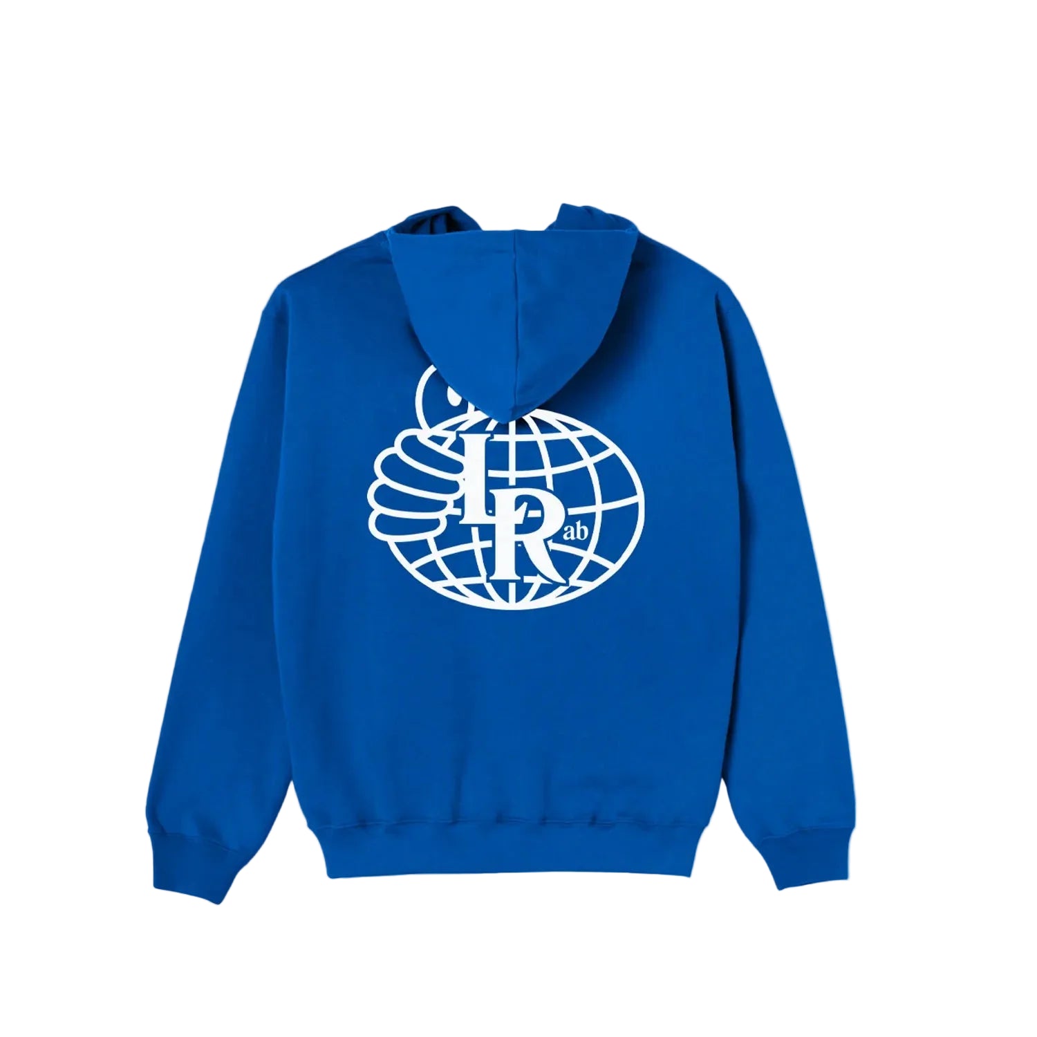 Blue hoodie with a white logo on the back against a white background