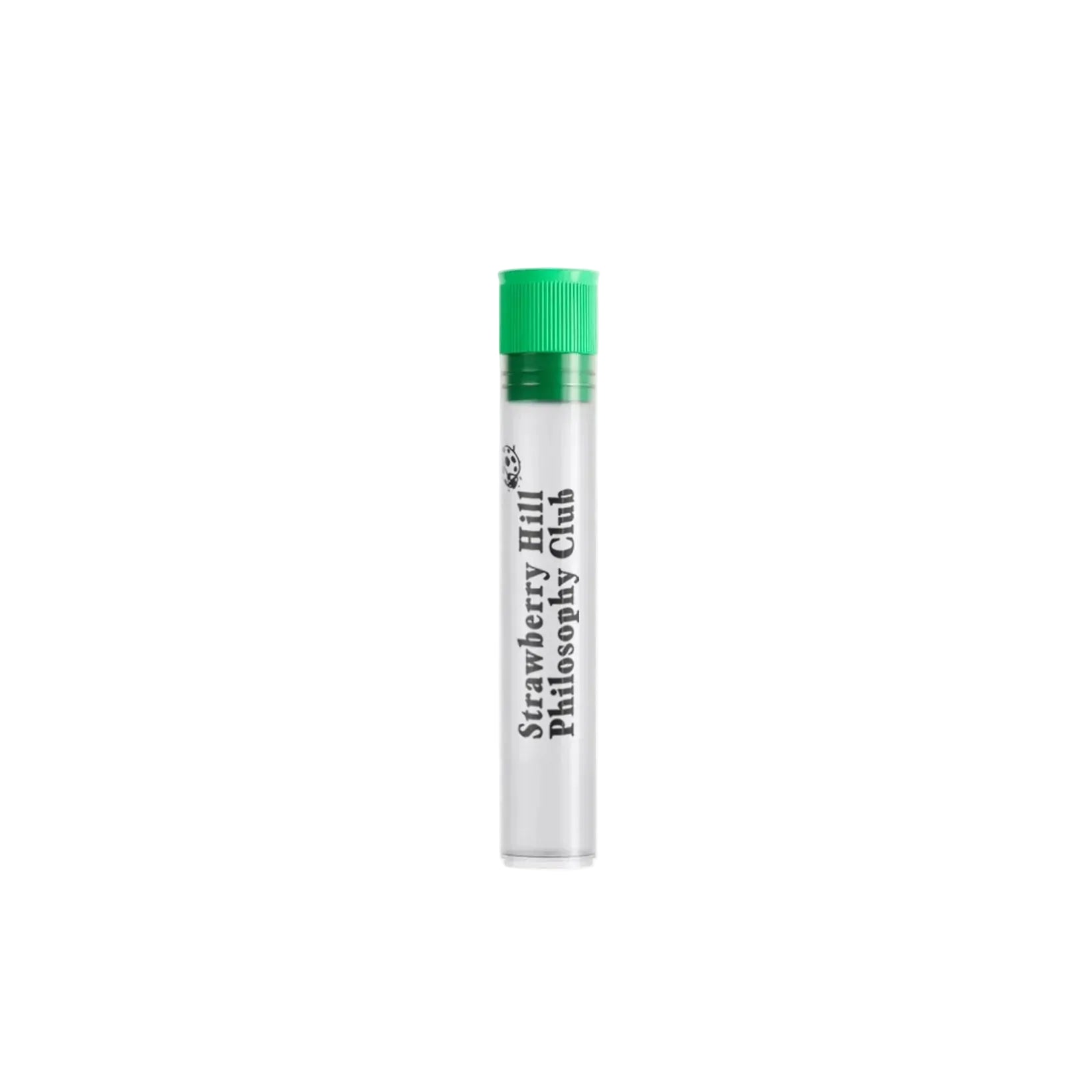 Small cylindrical container with green cap and white label on a white background